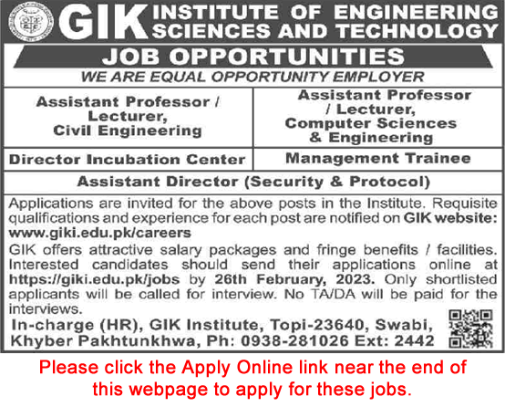 Jobs In GIK Institute of Engineering Sciences and Technology Swabi