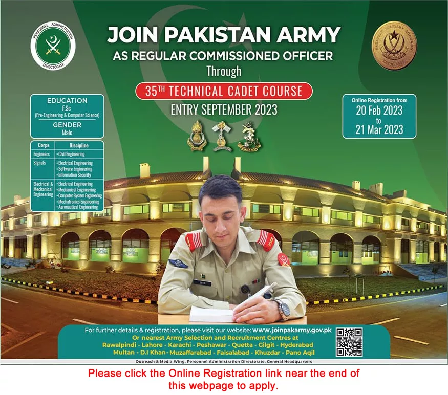 Join Pakistan Army through 35th Technical Cadet Course 2023