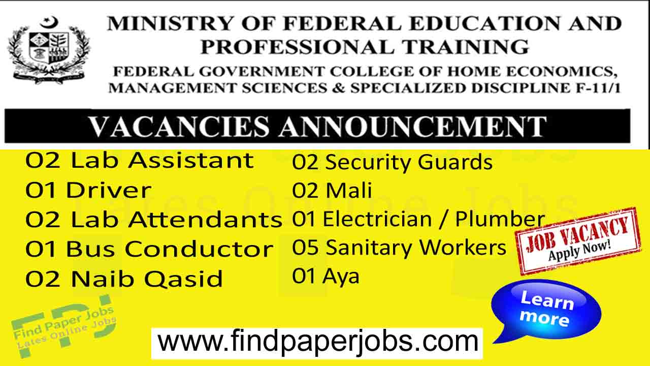 Jobs In Ministry of Federal Education and Professional Training Islamabad 2023