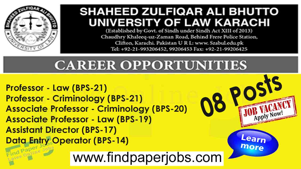 Jobs In Shaheed Zulfiqar Ali Bhutto University of Law Karachi 2023