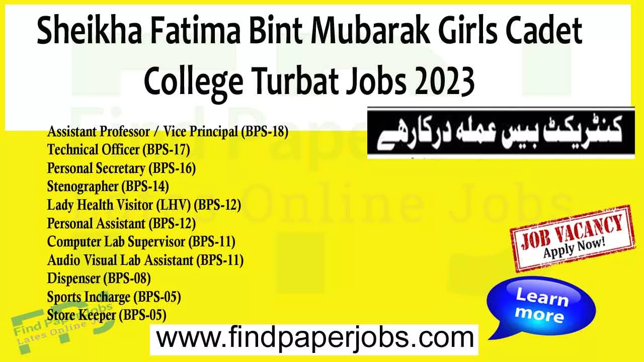 Jobs In Sheikha Fatima Bint Mubarak Girls Cadet College Turbat 2023