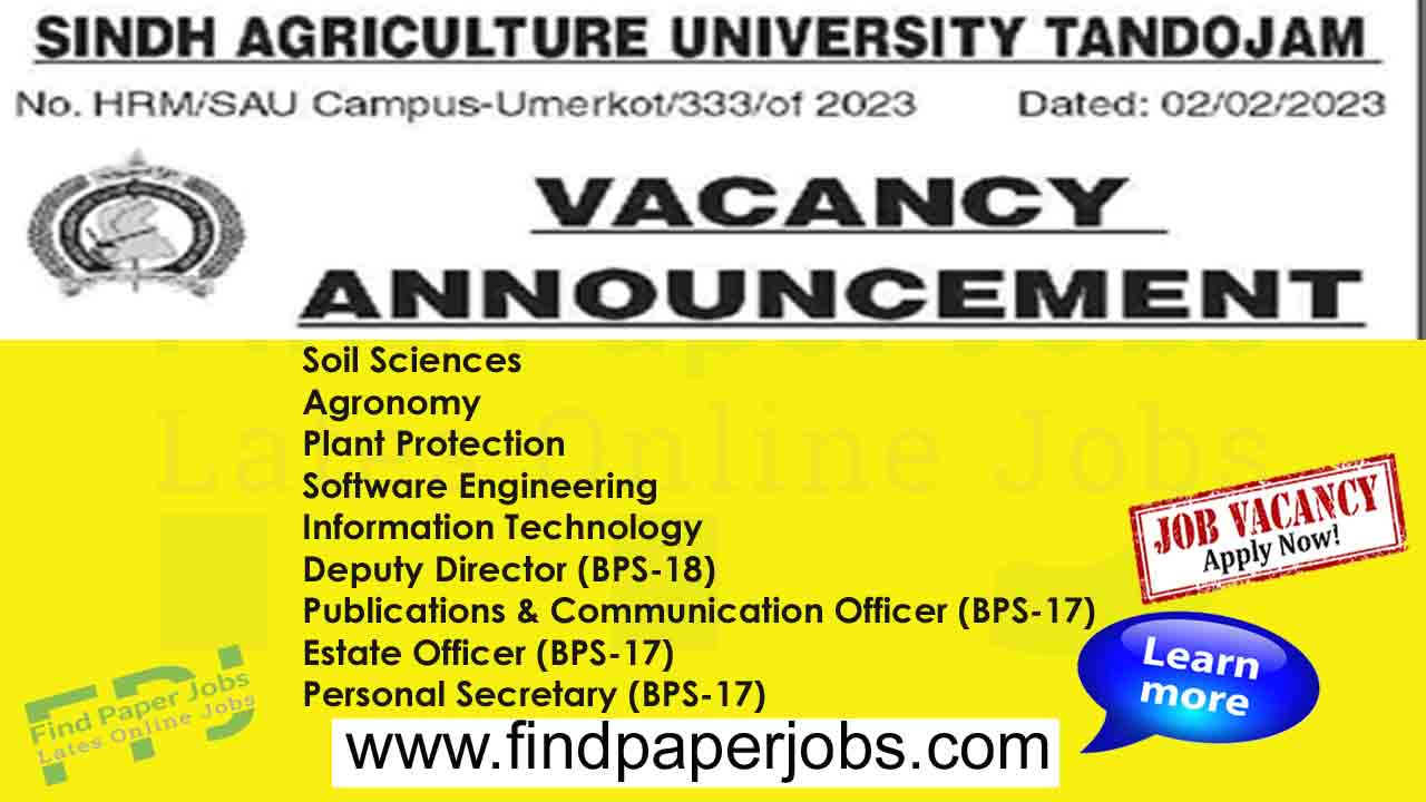 Sindh Agriculture University Tandojam Jobs 2023