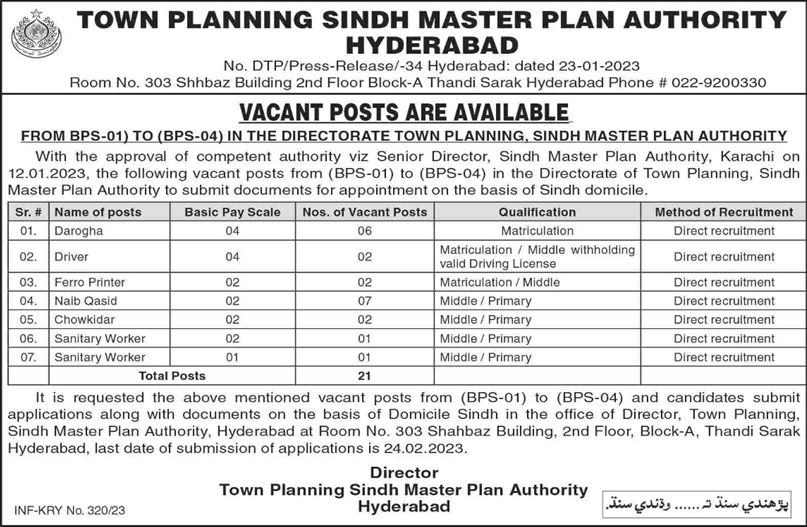 Jobs In <strong>Town Planning Sindh Master Plan Authority Hyderabad</strong>