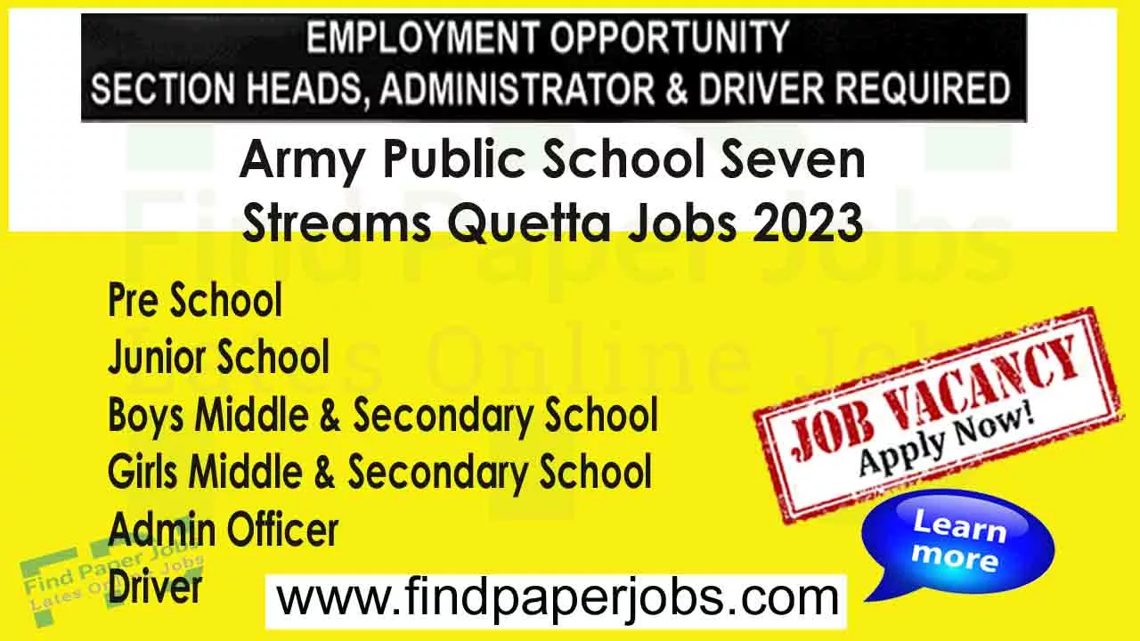 Army Public School Seven Streams Quetta Jobs 2023