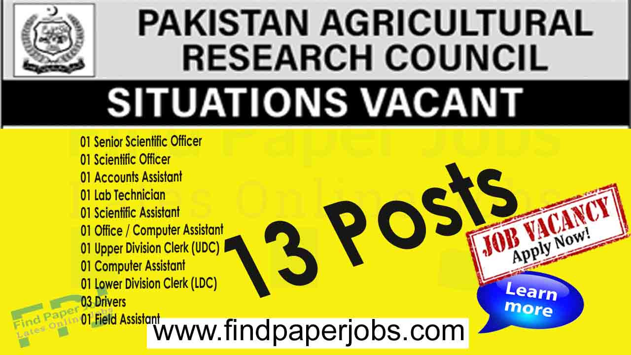 Jobs In Pakistan Agricultural Research Council 2023