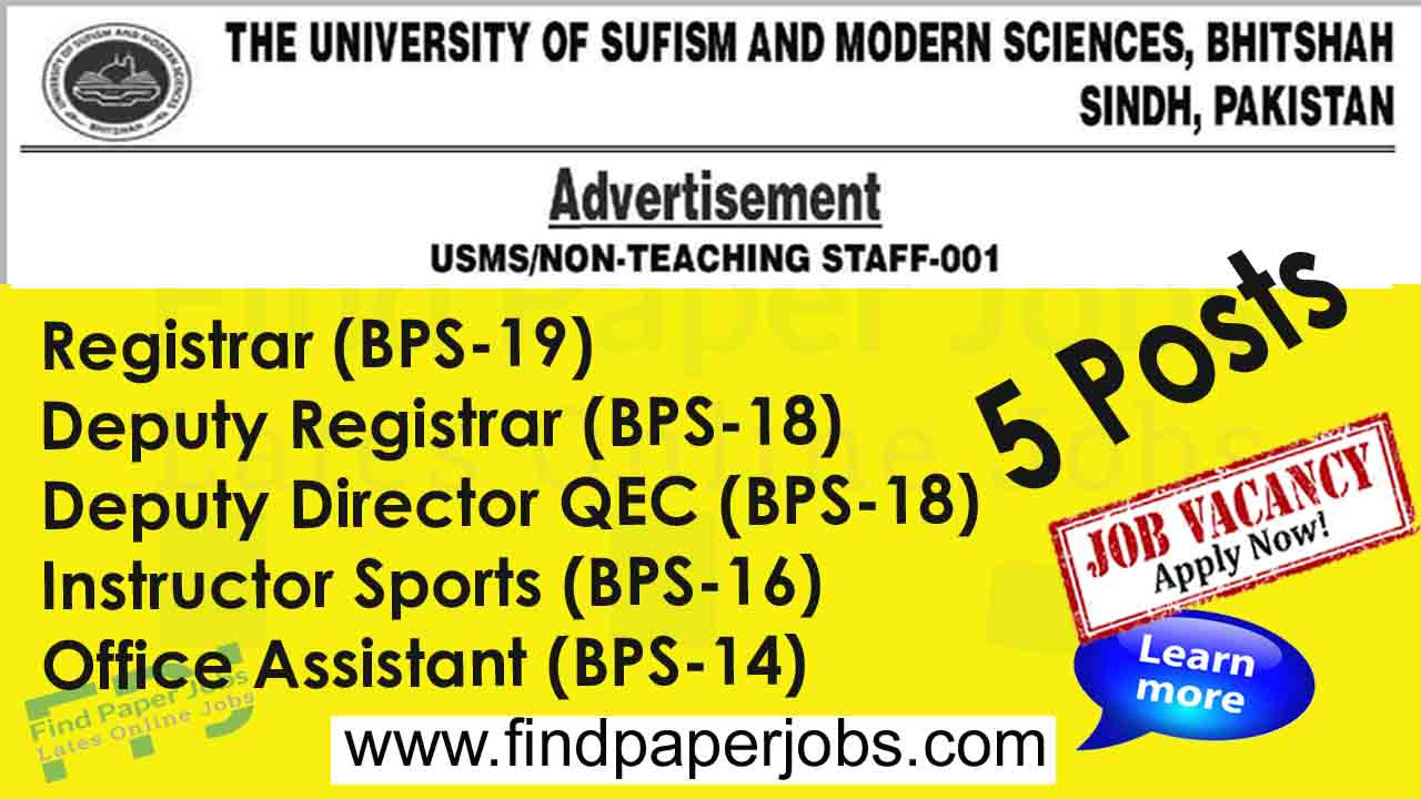 University of Sufism and Modern Sciences Bhitshah Matiari Jobs 2023