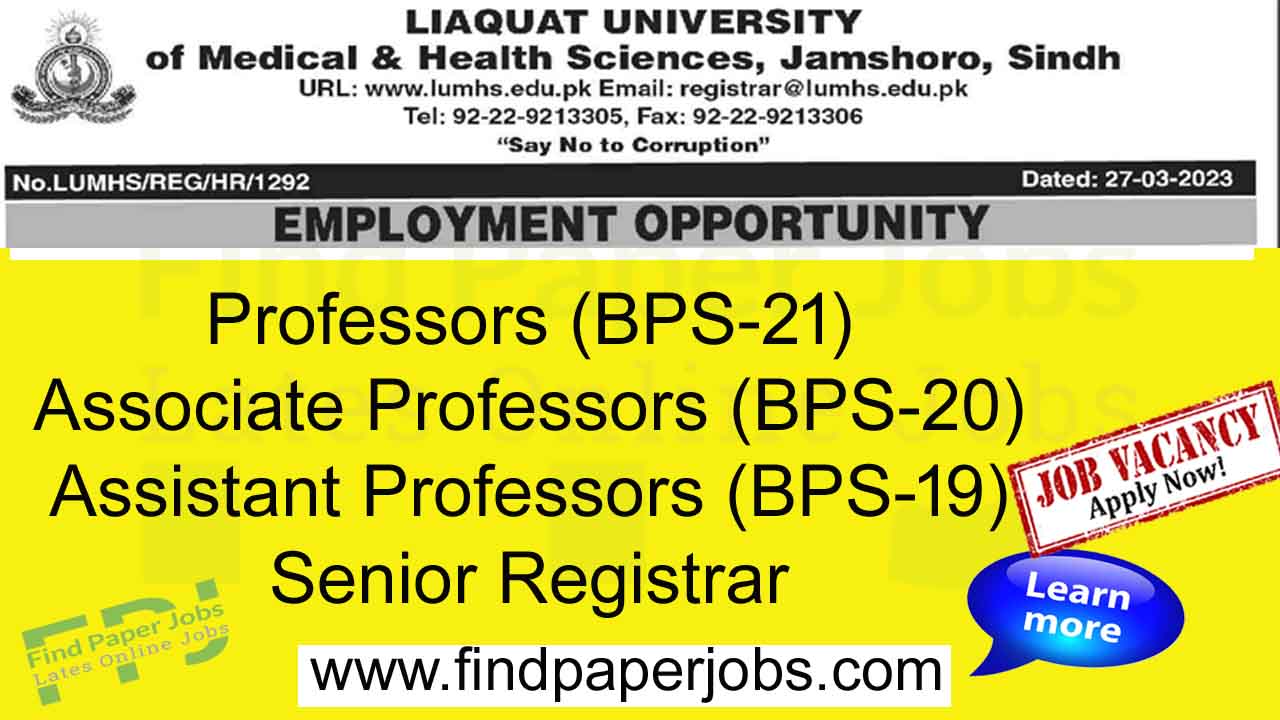 Jobs In Liaquat University of Medical and Health Sciences Jamshoro 2023