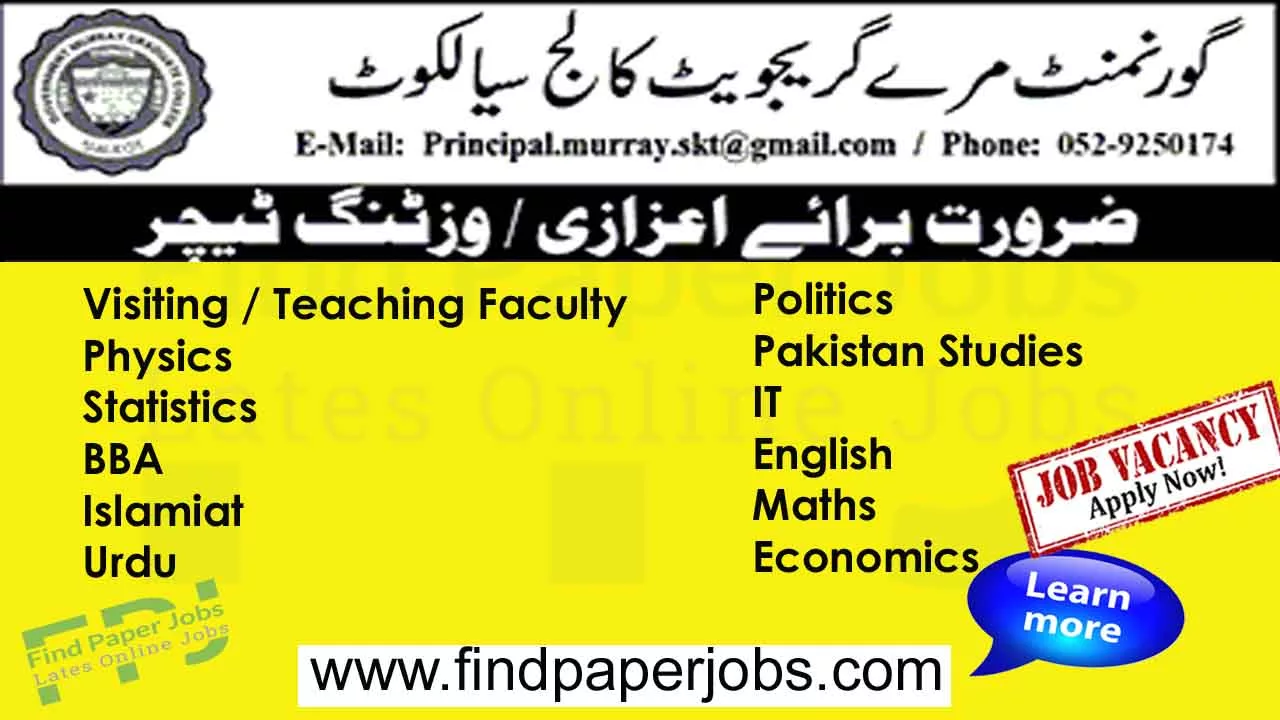 Government Murray Graduate College Sialkot Jobs 2023