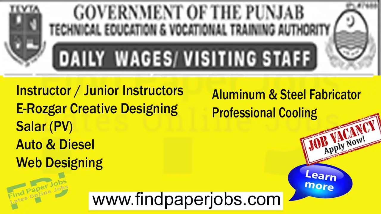 Jobs In TEVTA Rawalpindi 2023 | Technical Education And Vocational Training Authority Jobs 2023