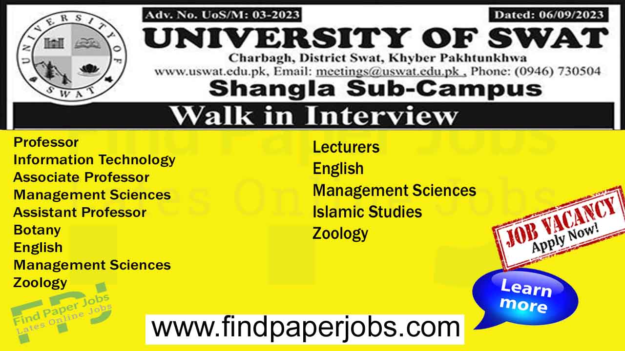 University of Swat Shangla Campus Jobs September 2023