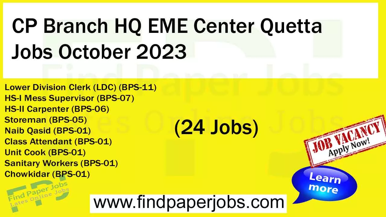 CP Branch HQ EME Center Quetta Jobs October 2023