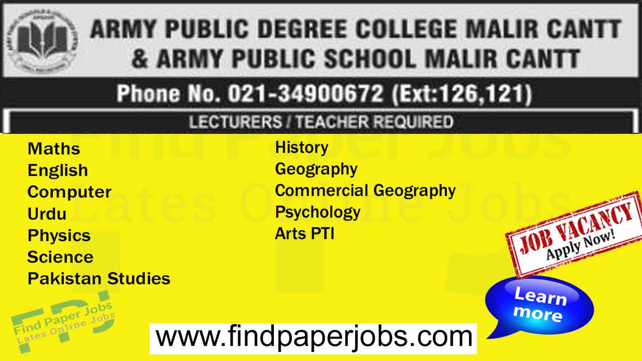 Jobs in Army Public Degree College Malir Cantt Karachi 2023