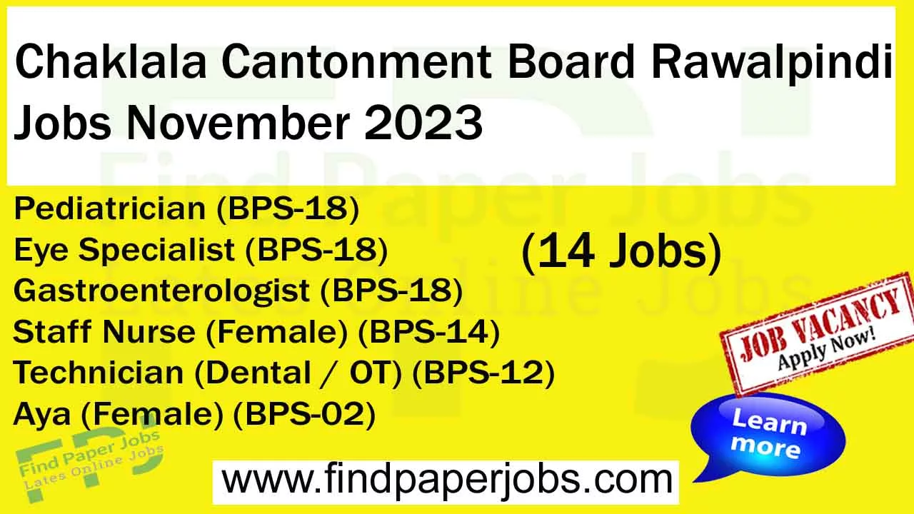 Chaklala Cantonment Board Rawalpindi Jobs November 2023
