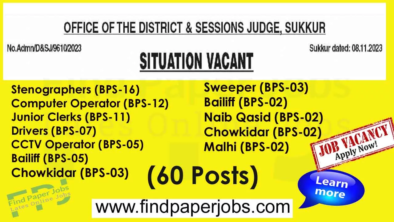 Jobs In District And Session Court Sukkur 2023