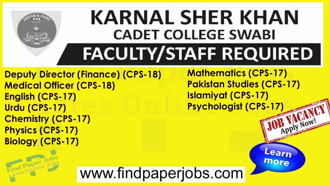 Karnal Sher Khan Cadet College Swabi Jobs 2023