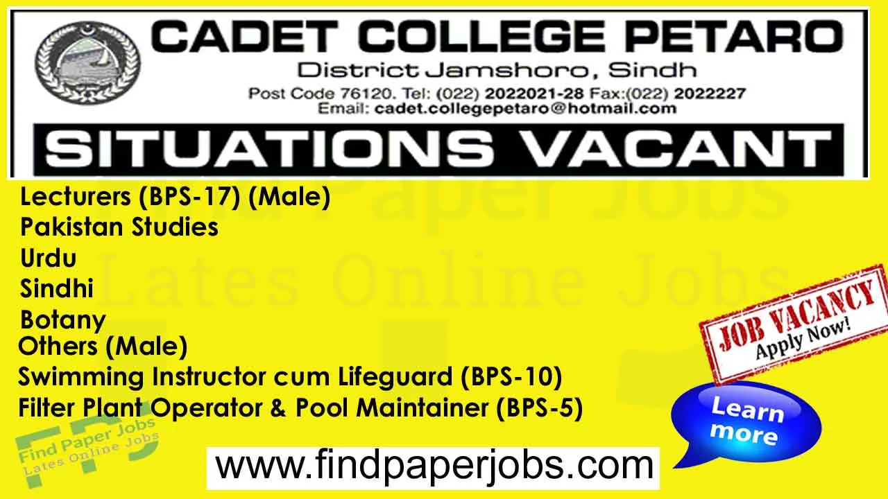 Cadet College Petaro Jobs 2024