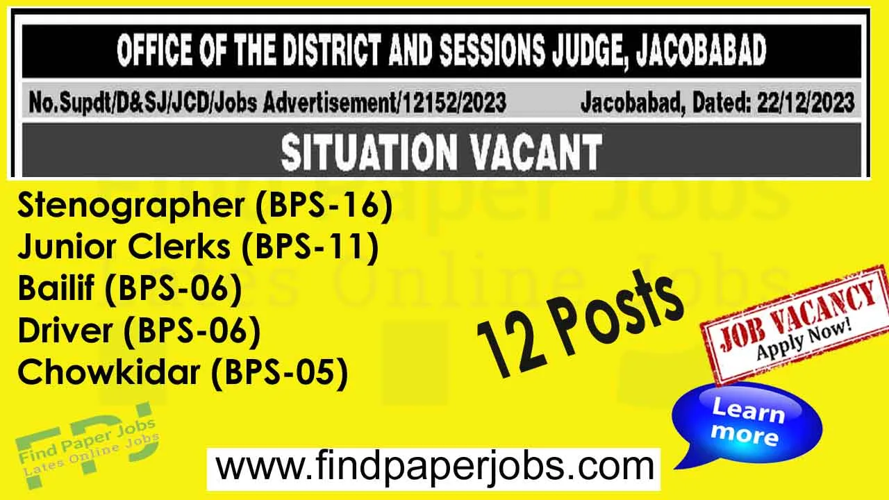 District and Sessions Court Jacobabad Jobs 2024