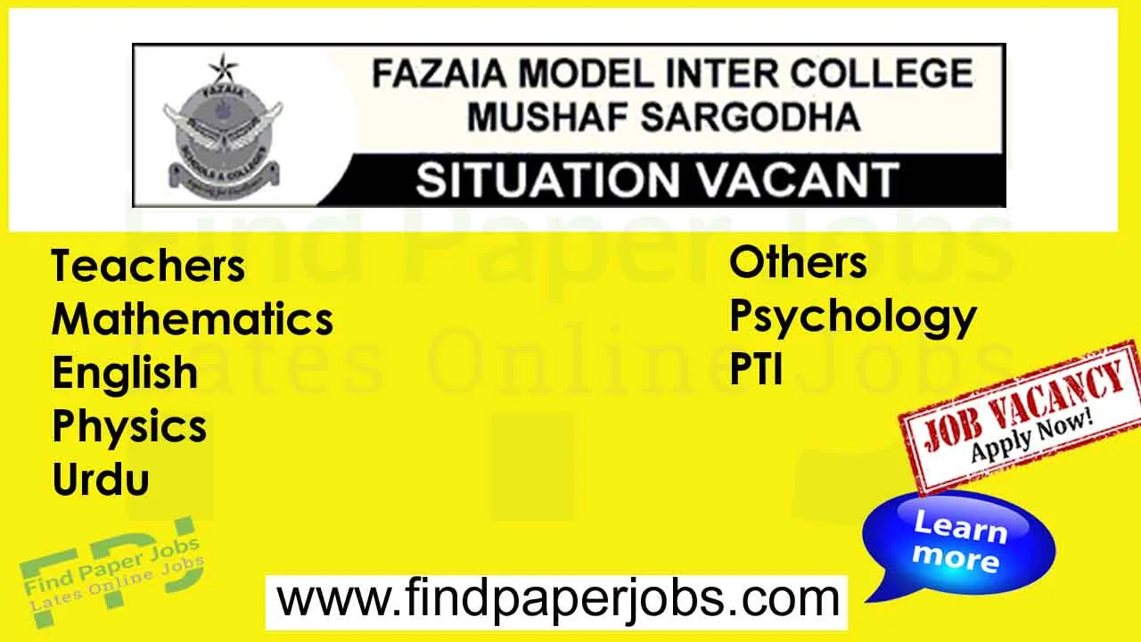 Fazaia Model Inter College Mushaf Sargodha Jobs 2024